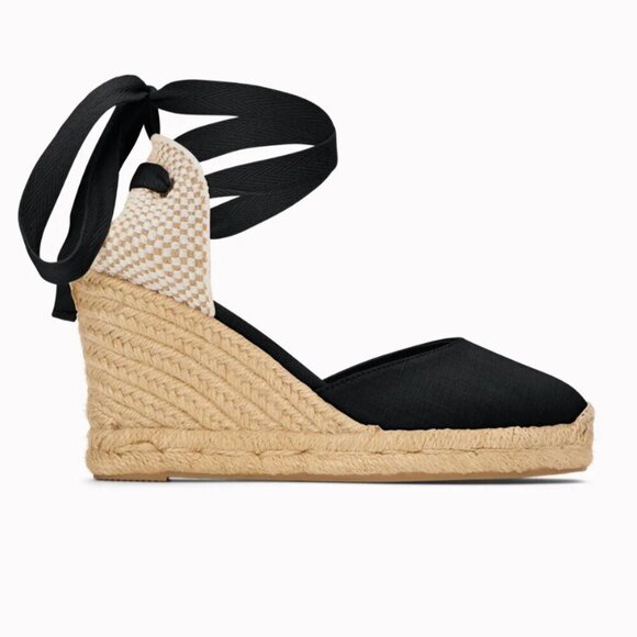 Soludos Marseille Wedge Espadrilles Black Closed-Toed Lace-up Tall Heel Boho‎ - Picture 1 of 8